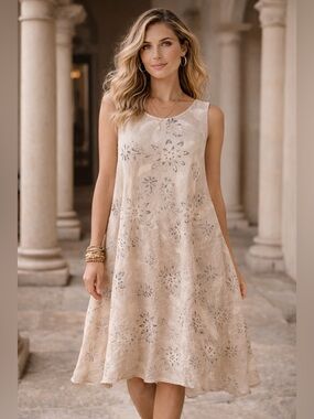 Rhea NWT Sleeveless Boho Dress One Size Beige Floral Viscose Flowy Tunic